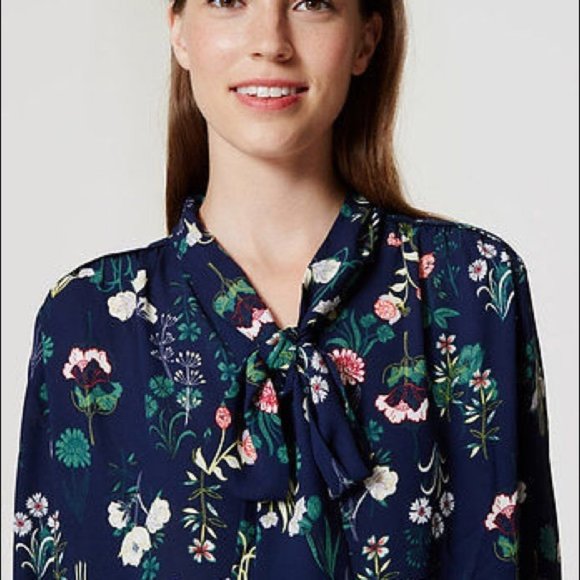 LOFT | Women's Valley Floral Bow Blouse | Navy - Picture 2 of 11
